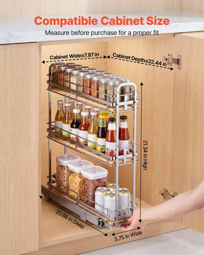 VEVOR Pull Out Spice Rack Organizer for Cabinet, 3 Tier Slide Out Spice Rack Organizer, Height Adjustable Heavy Duty Metal Seasoning Kitchen Basket for Cabinets, 5.75"W x 20.98"D x 21.34"H, Silver - DLJL21YC3CDGTUL0Z001V0 - view 3