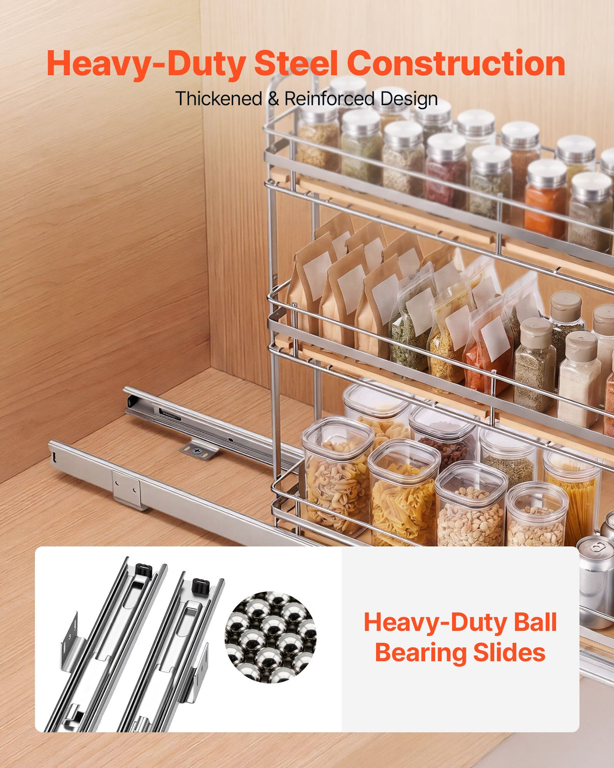 VEVOR Pull Out Spice Rack Organizer for Cabinet, 3 Tier Slide Out Spice Rack Organizer, Height Adjustable Heavy Duty Metal Seasoning Kitchen Basket for Cabinets, 5.75"W x 20.98"D x 21.34"H, Silver - DLJL21YC3CDGTUL0Z001V0 - view 4