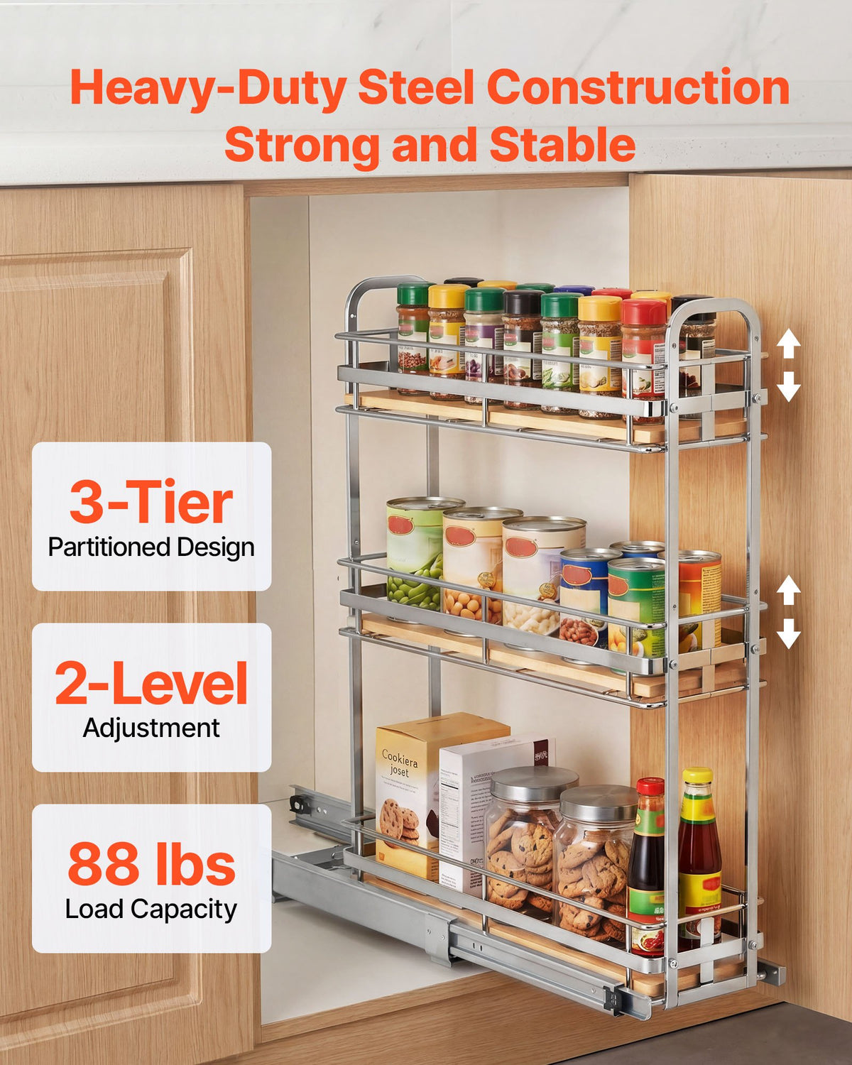 VEVOR Pull Out Spice Rack Organizer for Cabinet, 3 Tier Slide Out Spice Rack Organizer, Height Adjustable Heavy Duty Metal Seasoning Kitchen Basket for Cabinets, 5.75"W x 20.98"D x 21.34"H, Silver - DLJL21YC3CDGTUL0Z001V0 - view 5