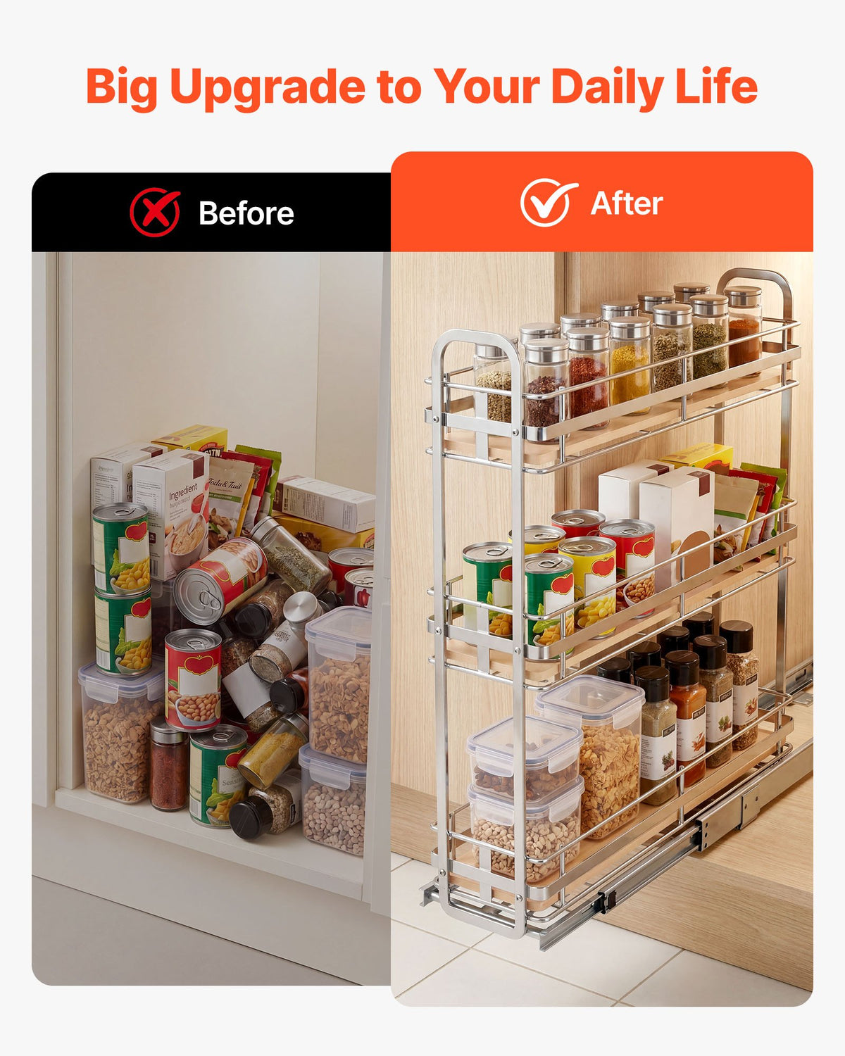 VEVOR Pull Out Spice Rack Organizer for Cabinet, 3 Tier Slide Out Spice Rack Organizer, Height Adjustable Heavy Duty Metal Seasoning Kitchen Basket for Cabinets, 5.75"W x 20.98"D x 21.34"H, Silver - DLJL21YC3CDGTUL0Z001V0 - view 7