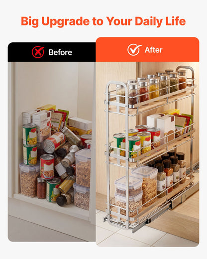 VEVOR Pull Out Spice Rack Organizer for Cabinet, 3 Tier Slide Out Spice Rack Organizer, Height Adjustable Heavy Duty Metal Seasoning Kitchen Basket for Cabinets, 5.75"W x 20.98"D x 21.34"H, Silver - DLJL21YC3CDGTUL0Z001V0 - view 7