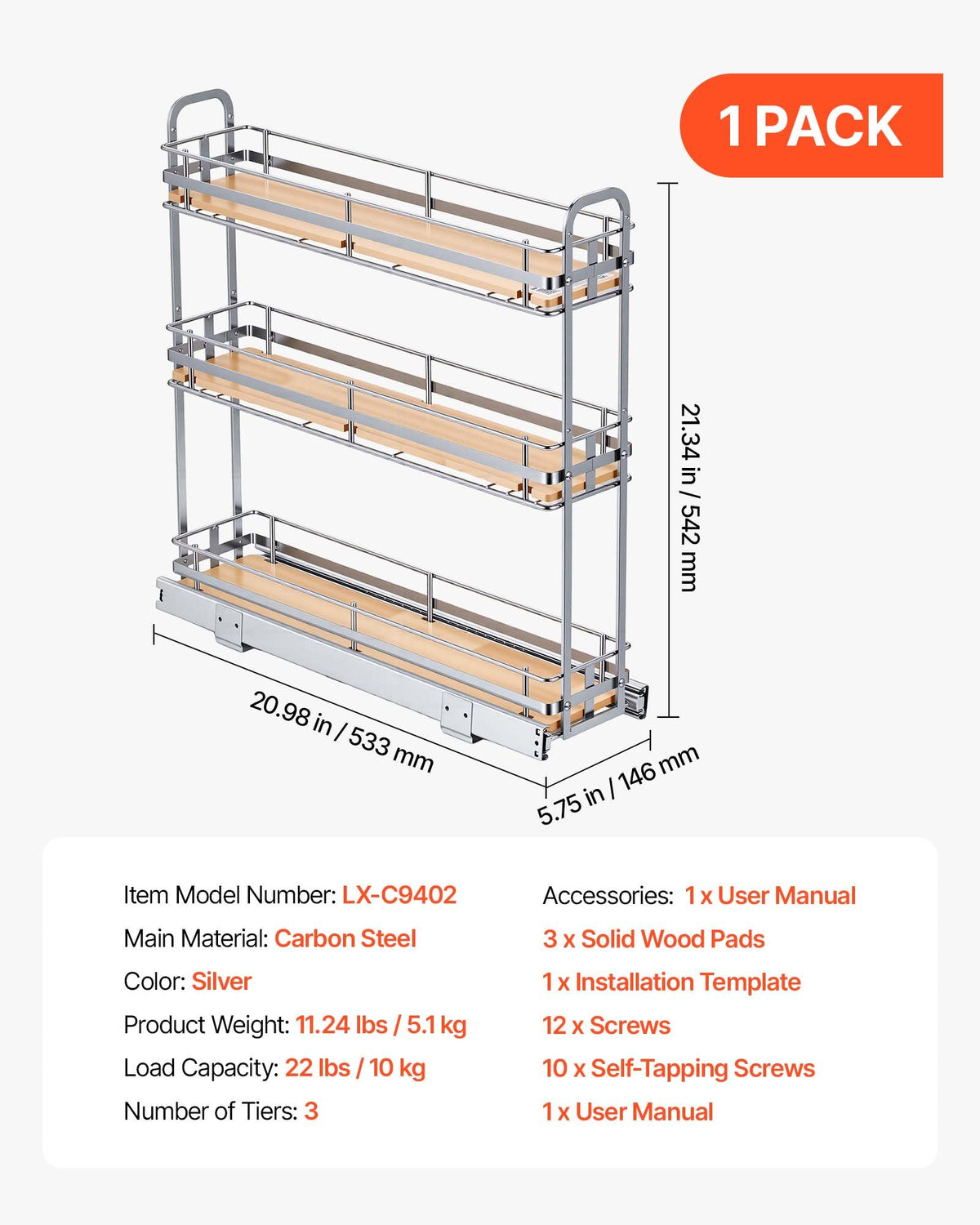 VEVOR Pull Out Spice Rack Organizer for Cabinet, 3 Tier Slide Out Spice Rack Organizer, Height Adjustable Heavy Duty Metal Seasoning Kitchen Basket for Cabinets, 5.75"W x 20.98"D x 21.34"H, Silver - DLJL21YC3CDGTUL0Z001V0 - view 8