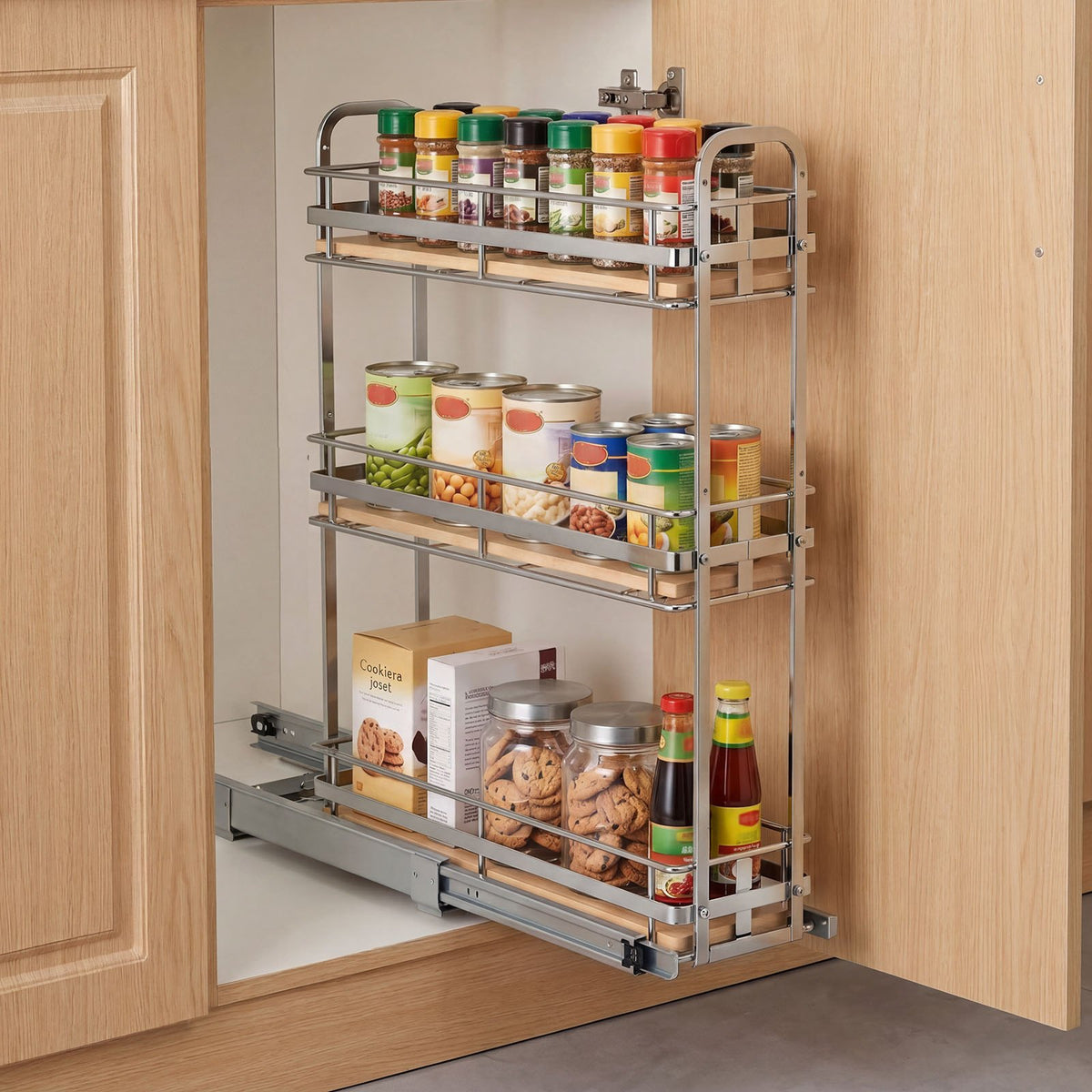 VEVOR Pull Out Spice Rack Organizer for Cabinet, 3 Tier Slide Out Spice Rack Organizer, Height Adjustable Heavy Duty Metal Seasoning Kitchen Basket for Cabinets, 5.75"W x 20.98"D x 21.34"H, Silver - DLJL21YC3CDGTUL0Z001V0 - view 9