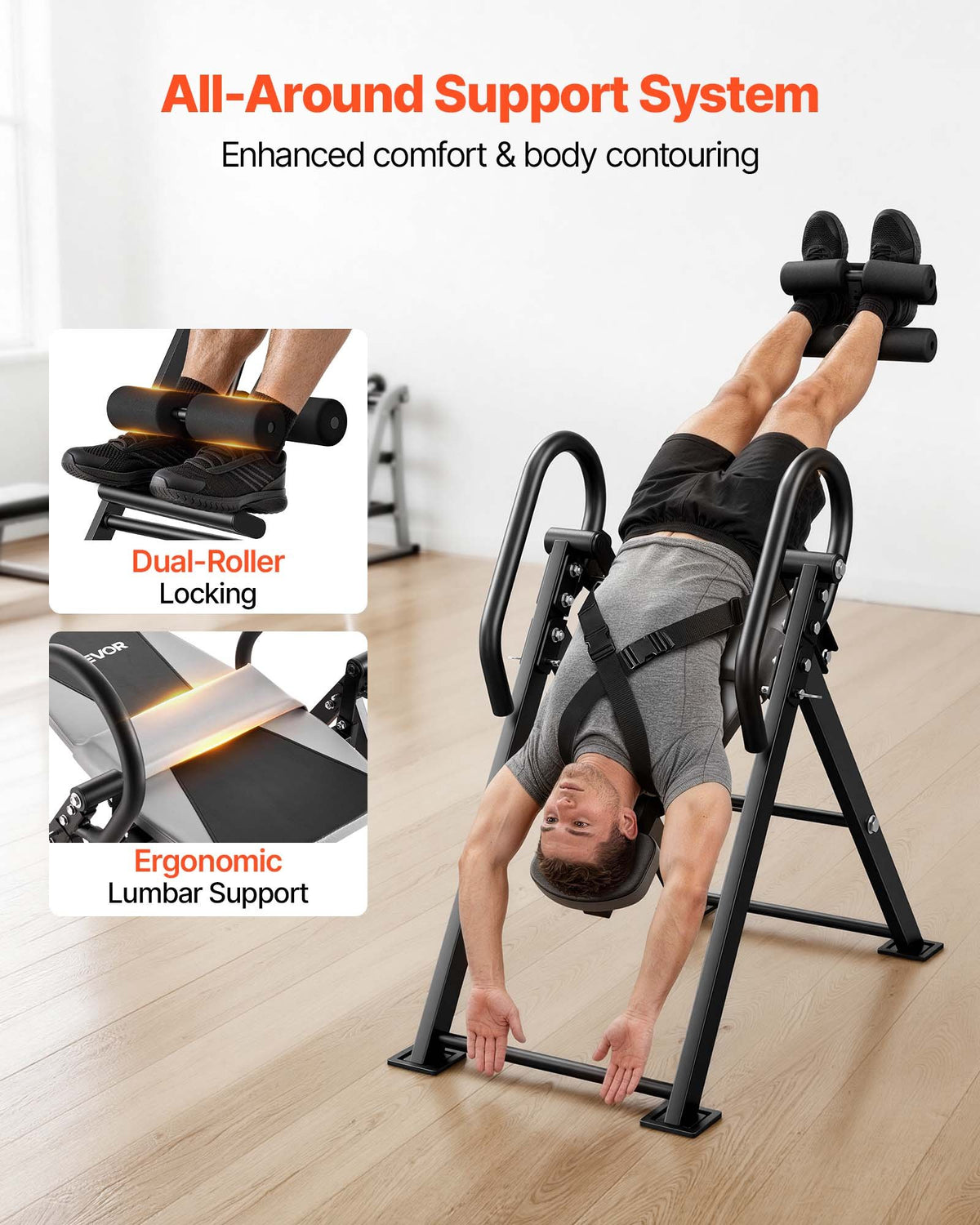 VEVOR Inversion Table, 300 lbs Capacity Heavy Duty Back Inverter Stretcher, Inverted Table with Stable Structure, Dual-Roller Locking, Decompression Tables for Shoulders, Neck, Back, Knees - DLJTFSDJPTKBYS8QV001V0 - view 5
