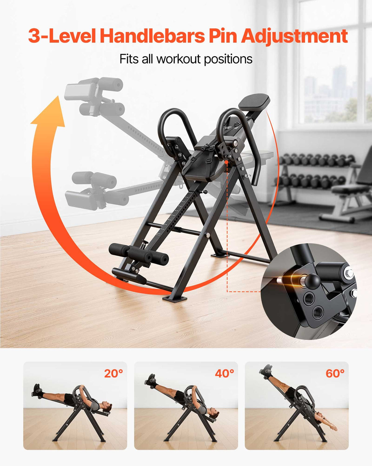 VEVOR Inversion Table, 300 lbs Capacity Heavy Duty Back Inverter Stretcher, Inverted Table with Stable Structure, Dual-Roller Locking, Decompression Tables for Shoulders, Neck, Back, Knees - DLJTFSDJPTKBYS8QV001V0 - view 7