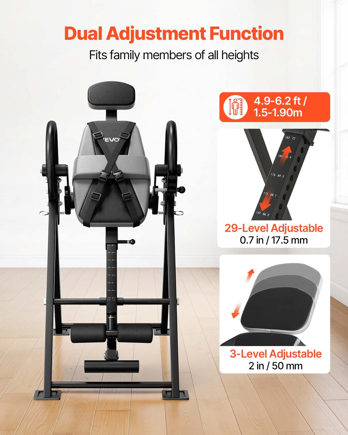 VEVOR Inversion Table, 300 lbs Capacity Heavy Duty Back Inverter Stretcher, Inverted Table with Stable Structure, Dual-Roller Locking, Decompression Tables for Shoulders, Neck, Back, Knees - DLJTFSDJPTKBYS8QV001V0 - view 8