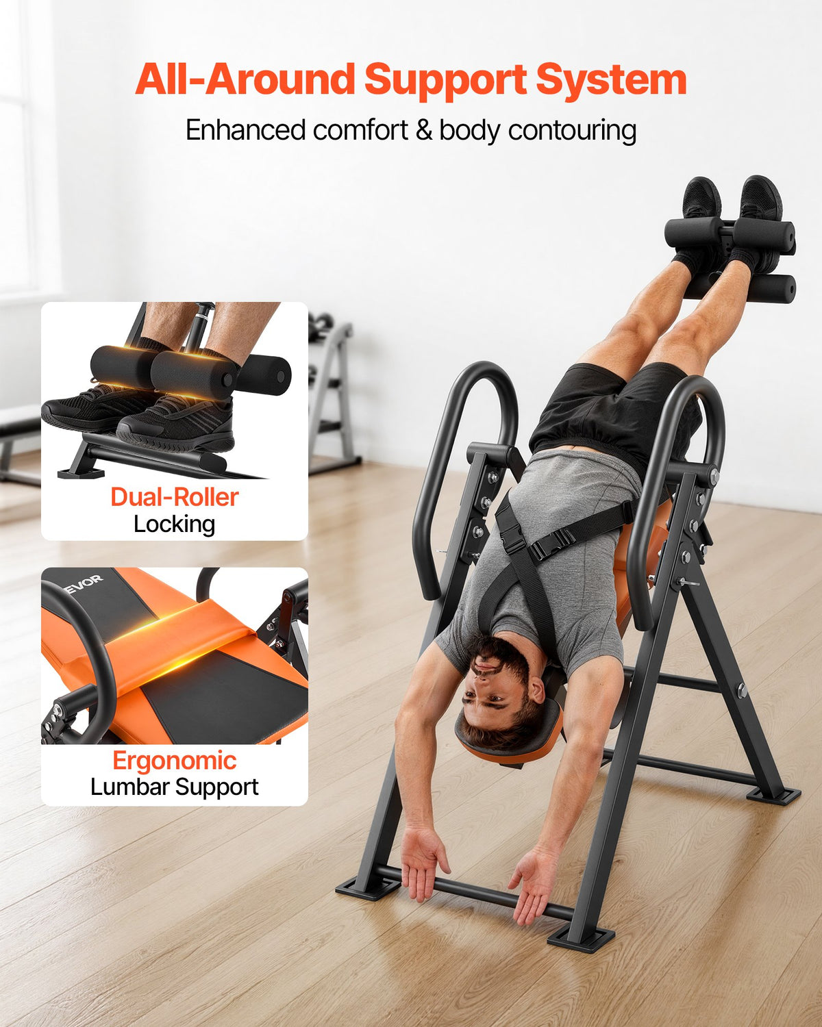 VEVOR Inversion Table, 300 lbs Capacity Heavy Duty Back Inverter Stretcher, Inverted Table with Dual-Roller Locking, Decompression Tables for Shoulders, Neck, Back, Multi-Angle Adjustable Tether Strap - DLJTSDPTKBPTPJ3LJ001V0 - view 5