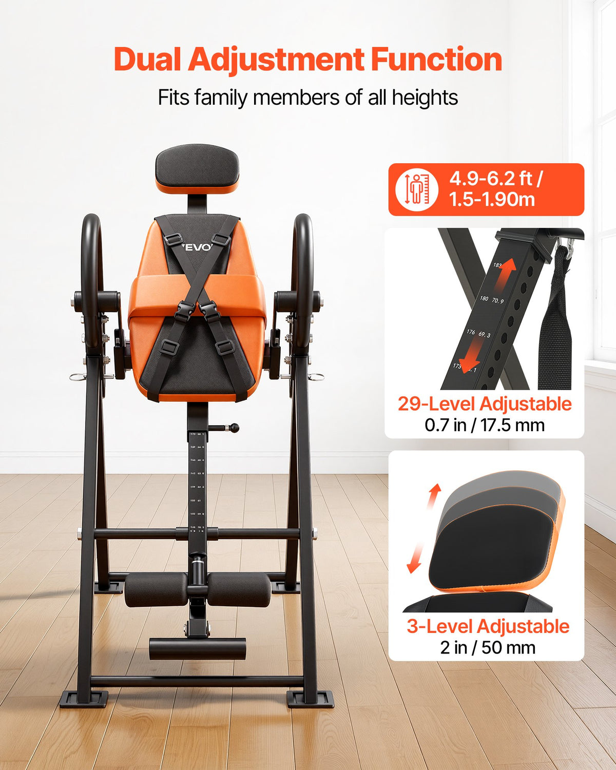 VEVOR Inversion Table, 300 lbs Capacity Heavy Duty Back Inverter Stretcher, Inverted Table with Dual-Roller Locking, Decompression Tables for Shoulders, Neck, Back, Multi-Angle Adjustable Tether Strap - DLJTSDPTKBPTPJ3LJ001V0 - view 8