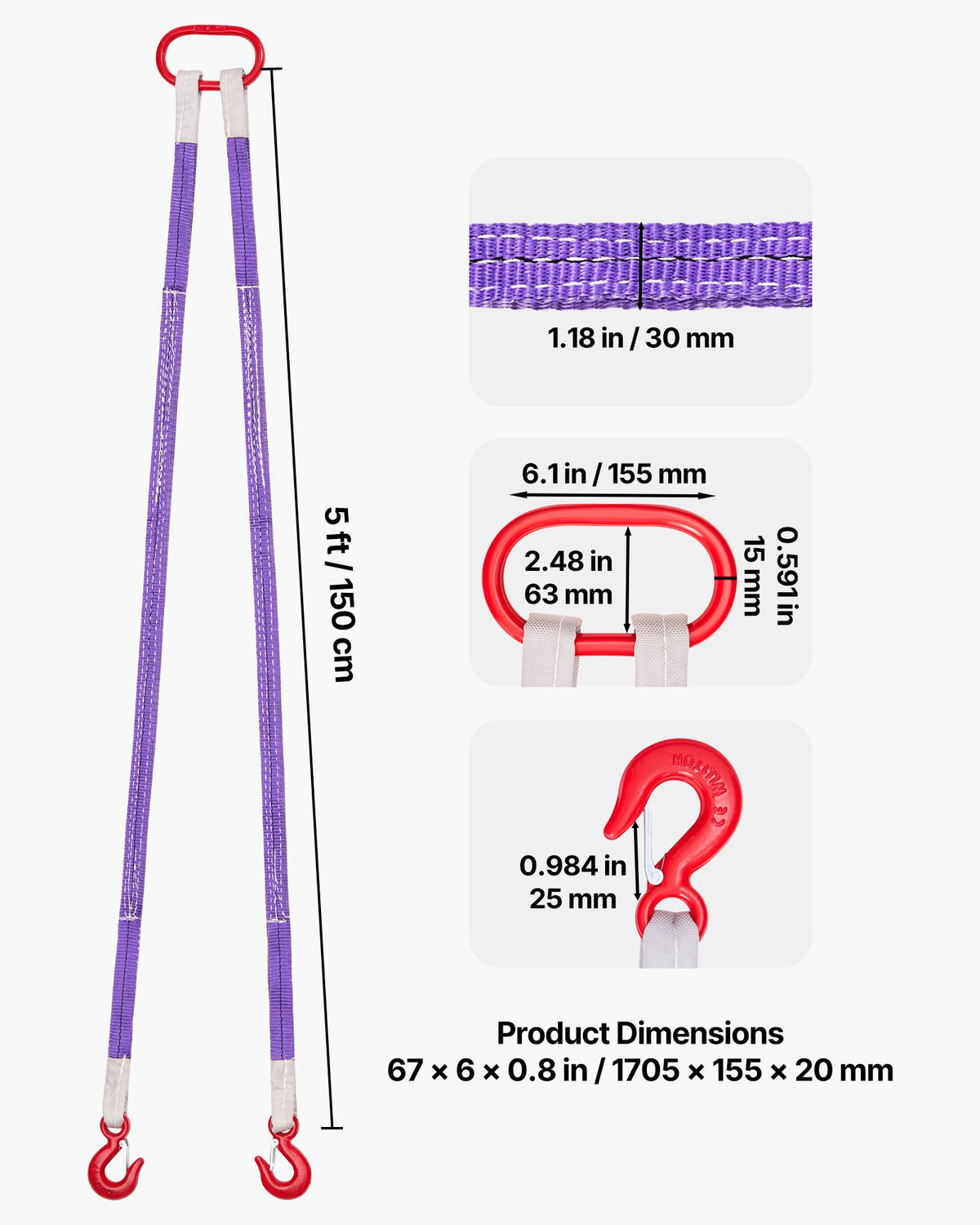 VEVOR Lifting Sling Straps, 2Pcs Two-Leg Polyester Bridle Sling with Hooks, 4400LB Capacity, 5Ft Heavy Duty Rigging Strap, Thickened & Wear-Resistant Webbing Slings for Engines Cranes Hoists Truck - DLKDGDLSZ5FTF45U2001V0 - view 3