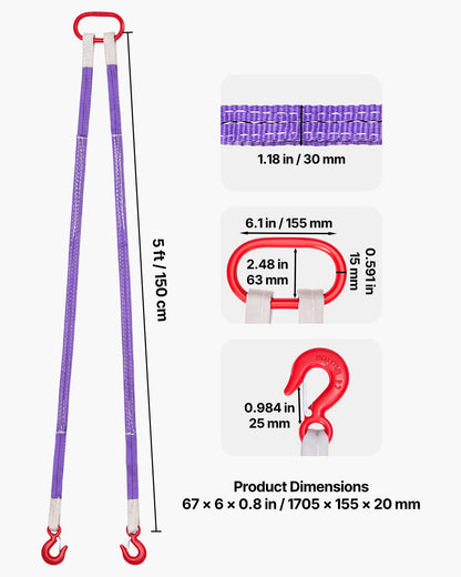 VEVOR Lifting Sling Straps, 2Pcs Two-Leg Polyester Bridle Sling with Hooks, 4400LB Capacity, 5Ft Heavy Duty Rigging Strap, Thickened & Wear-Resistant Webbing Slings for Engines Cranes Hoists Truck - DLKDGDLSZ5FTF45U2001V0 - view 3