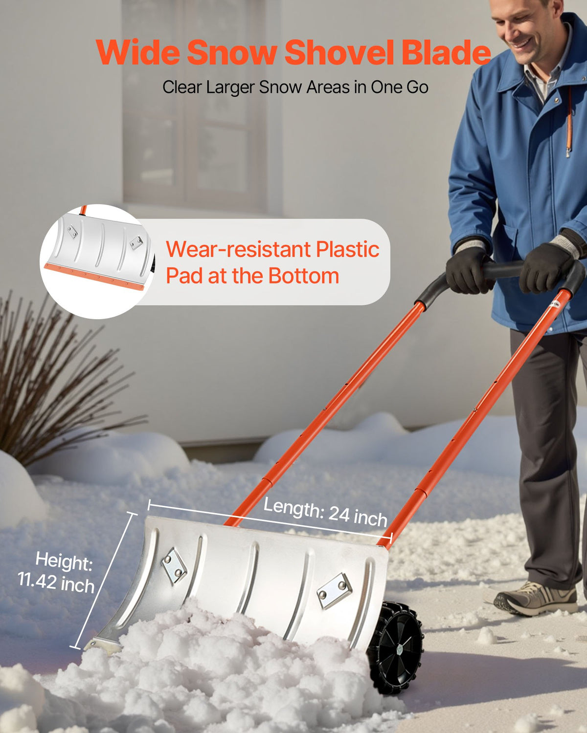 VEVOR Snow Pusher Shovel with Wheels, 24 in Wheeled Snowplow Shovel with Bi-Directional Angled Blade & 90 Degree Adjustable Handle, Metal Winter Shovels, Portable Snow Removal Tool for Driveway Garden - DLKJS2530INCHZIA0001V0 - view 3