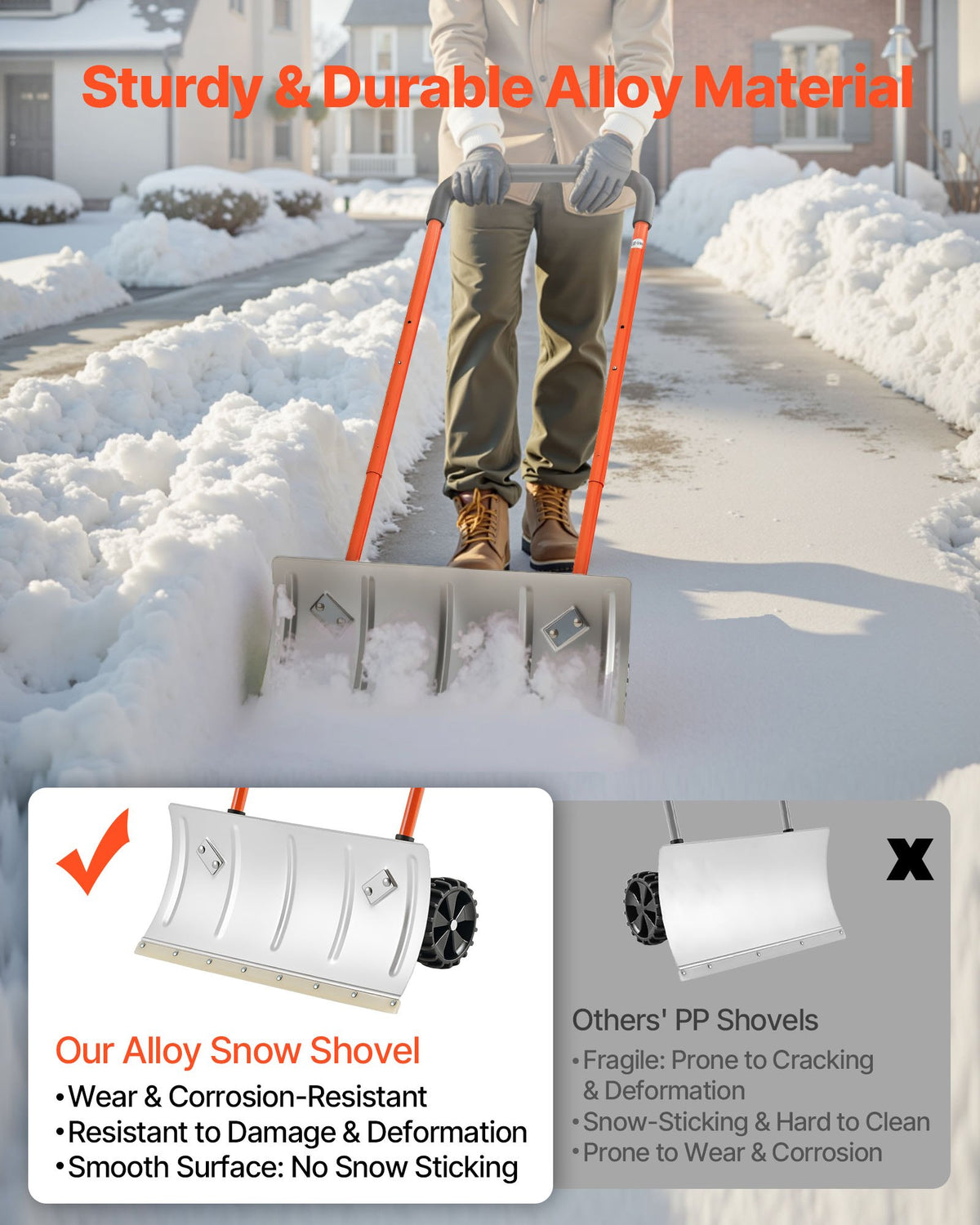 VEVOR Snow Pusher Shovel with Wheels, 24 in Wheeled Snowplow Shovel with Bi-Directional Angled Blade & 90 Degree Adjustable Handle, Metal Winter Shovels, Portable Snow Removal Tool for Driveway Garden - DLKJS2530INCHZIA0001V0 - view 4