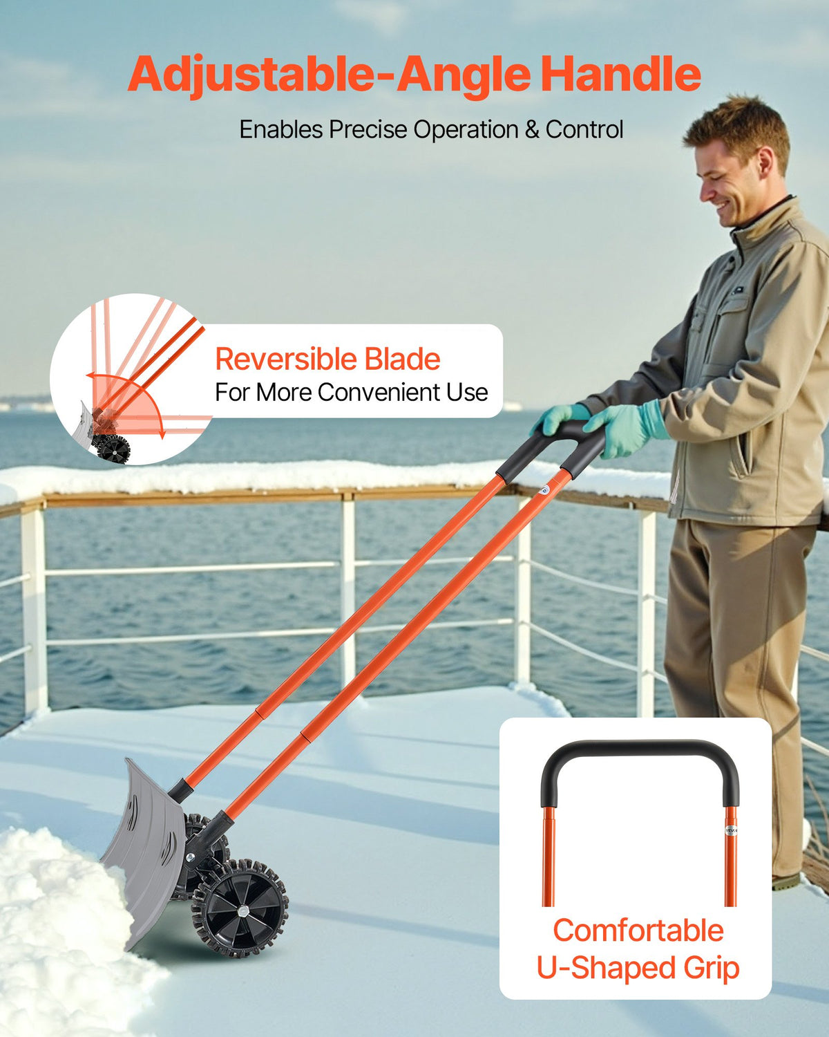 VEVOR Snow Pusher Shovel with Wheels, 24 in Wheeled Snowplow Shovel with Bi-Directional Angled Blade & 90 Degree Adjustable Handle, Metal Winter Shovels, Portable Snow Removal Tool for Driveway Garden - DLKJS2530INCHZIA0001V0 - view 5