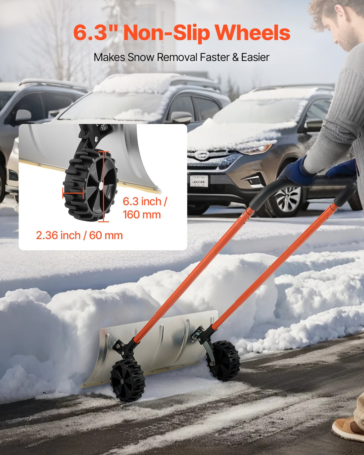 VEVOR Snow Pusher Shovel with Wheels, 24 in Wheeled Snowplow Shovel with Bi-Directional Angled Blade & 90 Degree Adjustable Handle, Metal Winter Shovels, Portable Snow Removal Tool for Driveway Garden - DLKJS2530INCHZIA0001V0 - view 6