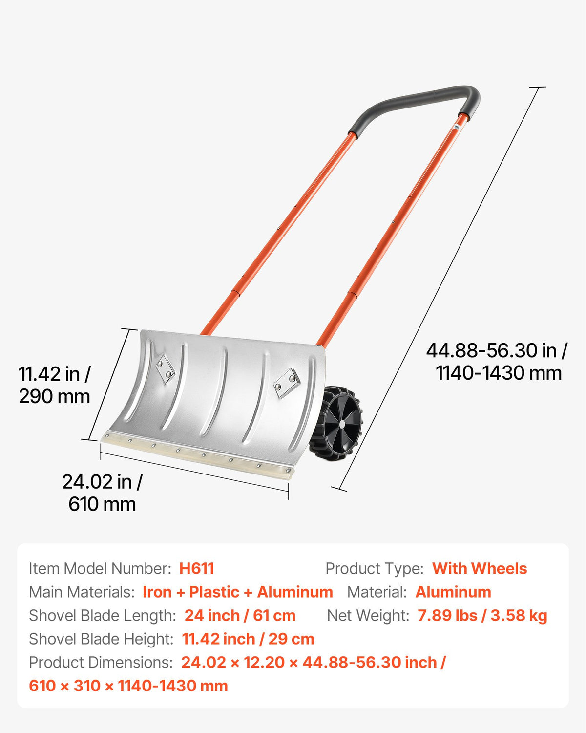 VEVOR Snow Pusher Shovel with Wheels, 24 in Wheeled Snowplow Shovel with Bi-Directional Angled Blade & 90 Degree Adjustable Handle, Metal Winter Shovels, Portable Snow Removal Tool for Driveway Garden - DLKJS2530INCHZIA0001V0 - view 8