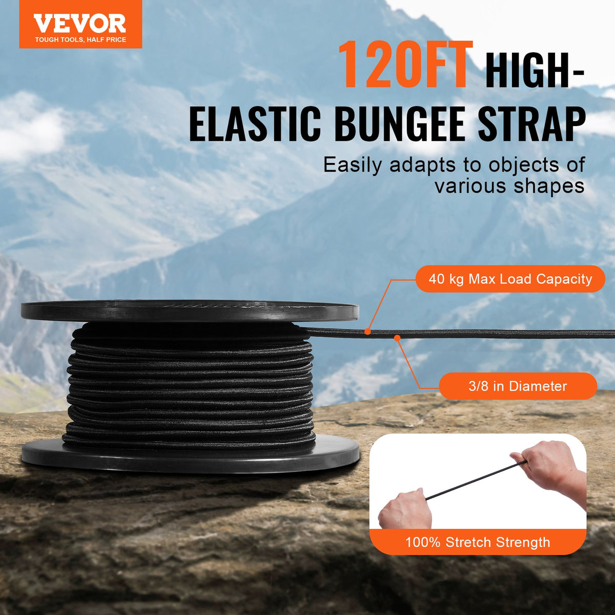 VEVOR 3/8 inch Bungee Cord, 120 ft/36 m Spool Heavy Duty Bungee Straps, 100% Stretch Elastic Bungee Rope for Cargo, Tarps, Camping, Kayak Deck and Crafting, Black - DLKZD100INCHHNPJAV0 - view 3
