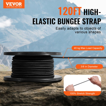 VEVOR 3/8 inch Bungee Cord, 120 ft/36 m Spool Heavy Duty Bungee Straps, 100% Stretch Elastic Bungee Rope for Cargo, Tarps, Camping, Kayak Deck and Crafting, Black - DLKZD100INCHHNPJAV0 - view 3