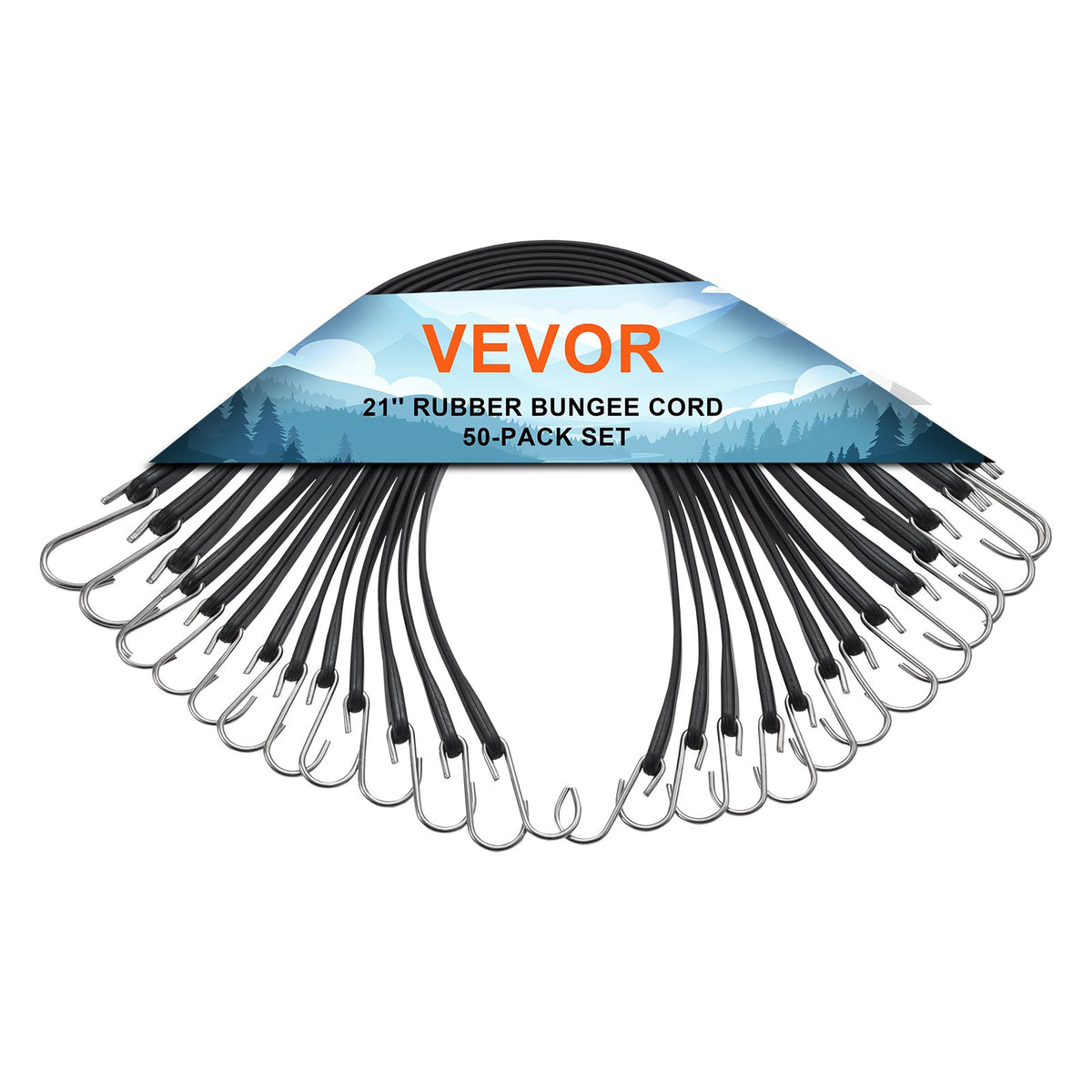 VEVOR 50 Piece Flat Bungee Cord, 19.8 mm Heavy Duty Bungee Straps with Steel S-Hooks, 21" Elastic Bungee Rope for Cargo, Tarps, Trucks and Tent, Black - DLKZD21INCH5OPRHAV0 - view 1