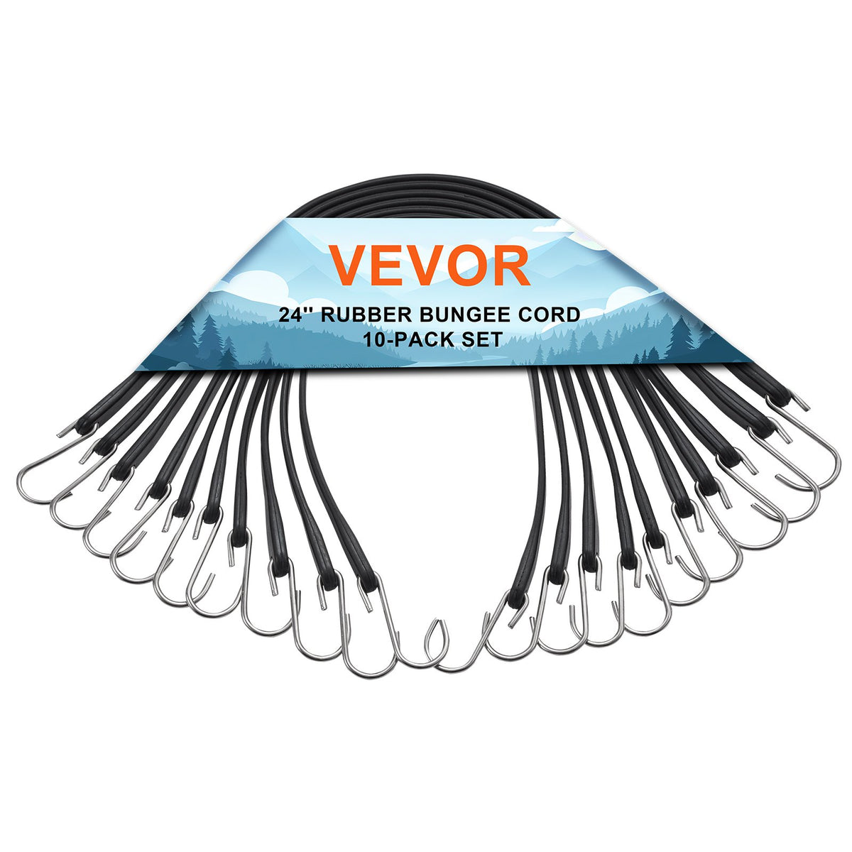 VEVOR 10 Piece Flat Bungee Cord, 20 mm Heavy Duty Bungee Straps with Steel S-Hooks, 24" Elastic Bungee Rope for Cargo, Tarps, Trucks and Tent, Black - DLKZD24INCH1F1ZYMV0 - view 1
