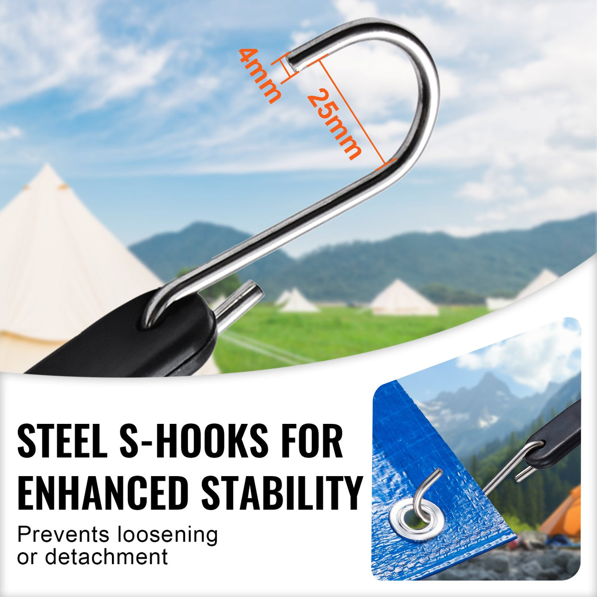 VEVOR 10 Piece Flat Bungee Cord, 20 mm Heavy Duty Bungee Straps with Steel S-Hooks, 24" Elastic Bungee Rope for Cargo, Tarps, Trucks and Tent, Black - DLKZD24INCH1F1ZYMV0 - view 6