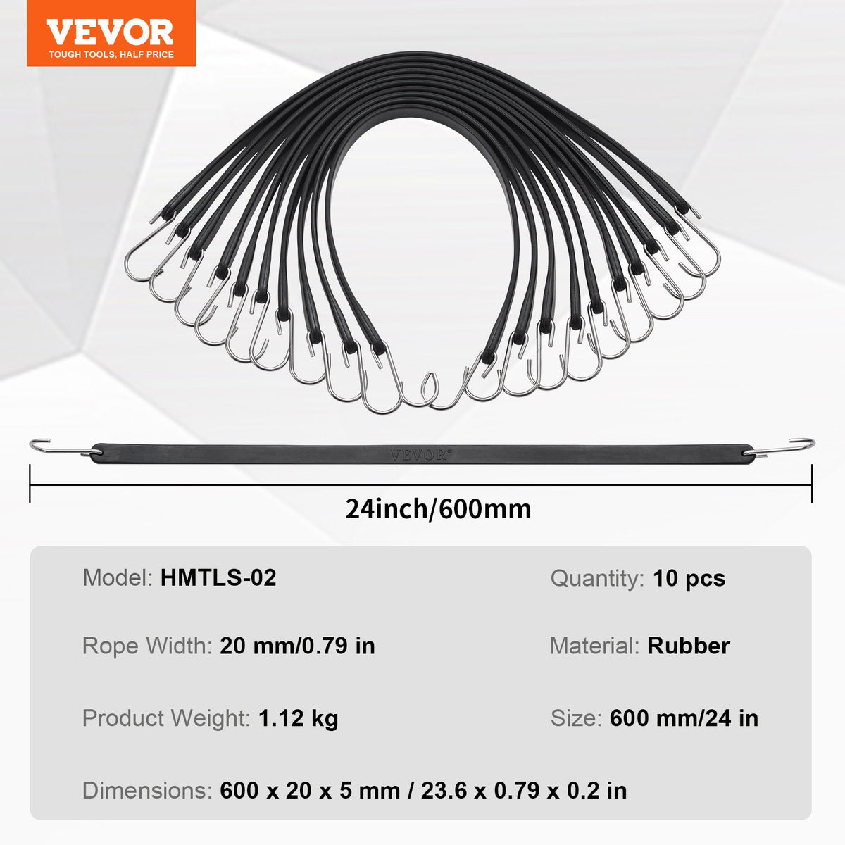 VEVOR 10 Piece Flat Bungee Cord, 20 mm Heavy Duty Bungee Straps with Steel S-Hooks, 24" Elastic Bungee Rope for Cargo, Tarps, Trucks and Tent, Black - DLKZD24INCH1F1ZYMV0 - view 8