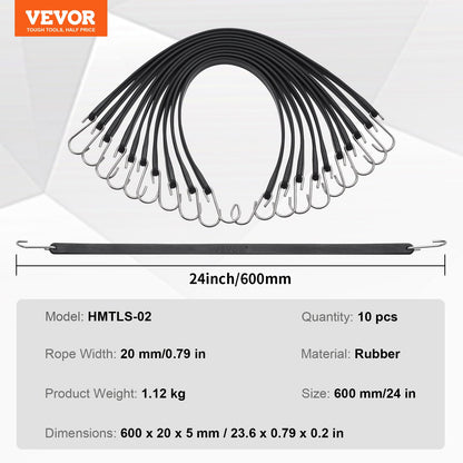 VEVOR 10 Piece Flat Bungee Cord, 20 mm Heavy Duty Bungee Straps with Steel S-Hooks, 24" Elastic Bungee Rope for Cargo, Tarps, Trucks and Tent, Black - DLKZD24INCH1F1ZYMV0 - view 8