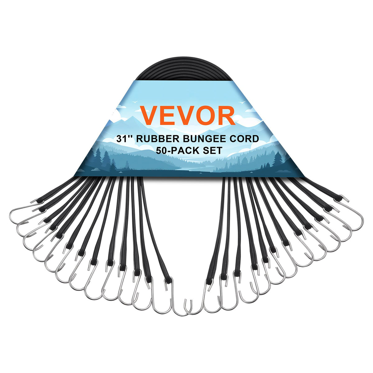 VEVOR 50 Piece Flat Bungee Cord, 19.8 mm Heavy Duty Bungee Straps with Steel S-Hooks, 31" Elastic Bungee Rope for Cargo, Tarps, Trucks and Tent, Black - DLKZD31INCH5OSWMJV0 - view 1