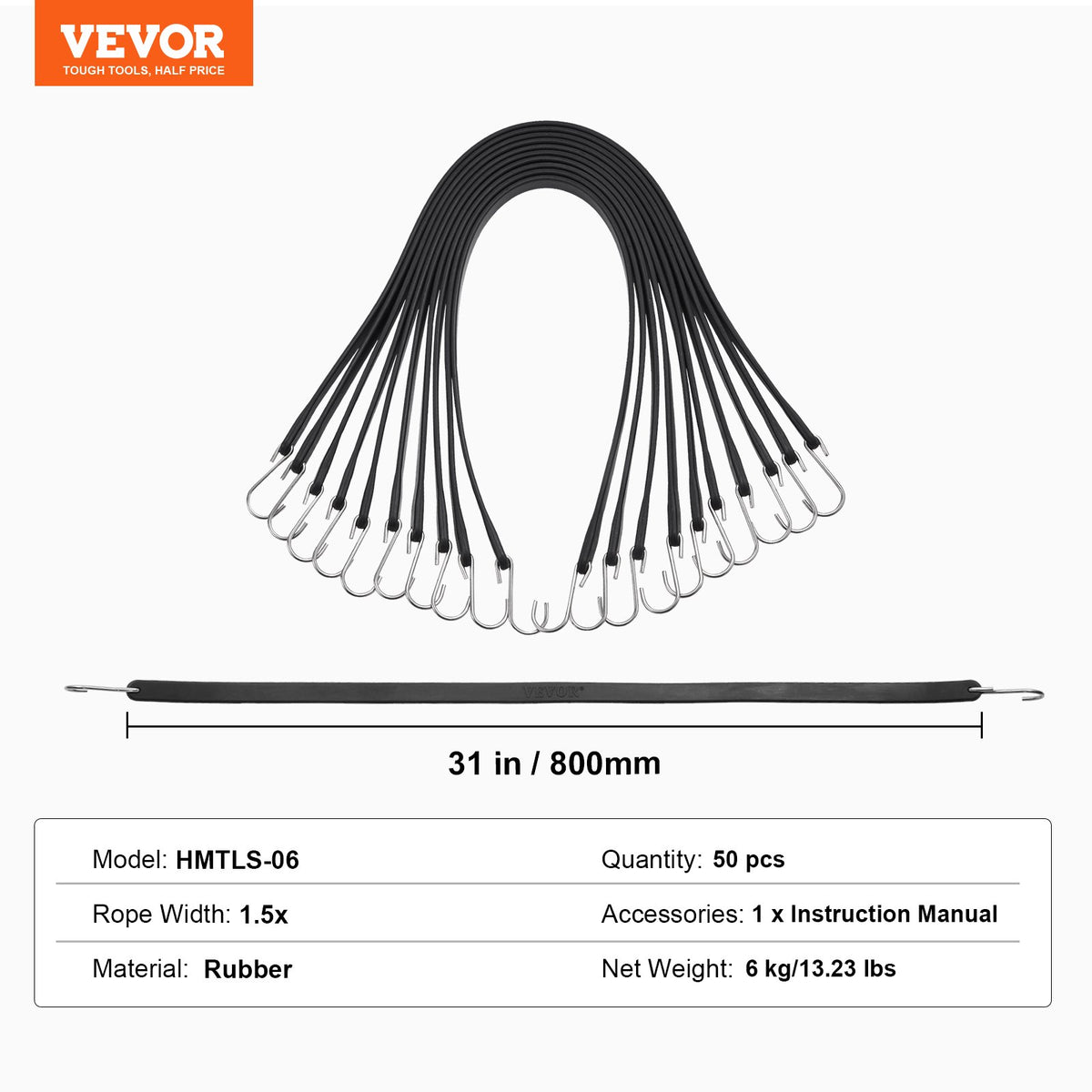 VEVOR 50 Piece Flat Bungee Cord, 19.8 mm Heavy Duty Bungee Straps with Steel S-Hooks, 31" Elastic Bungee Rope for Cargo, Tarps, Trucks and Tent, Black - DLKZD31INCH5OSWMJV0 - view 8