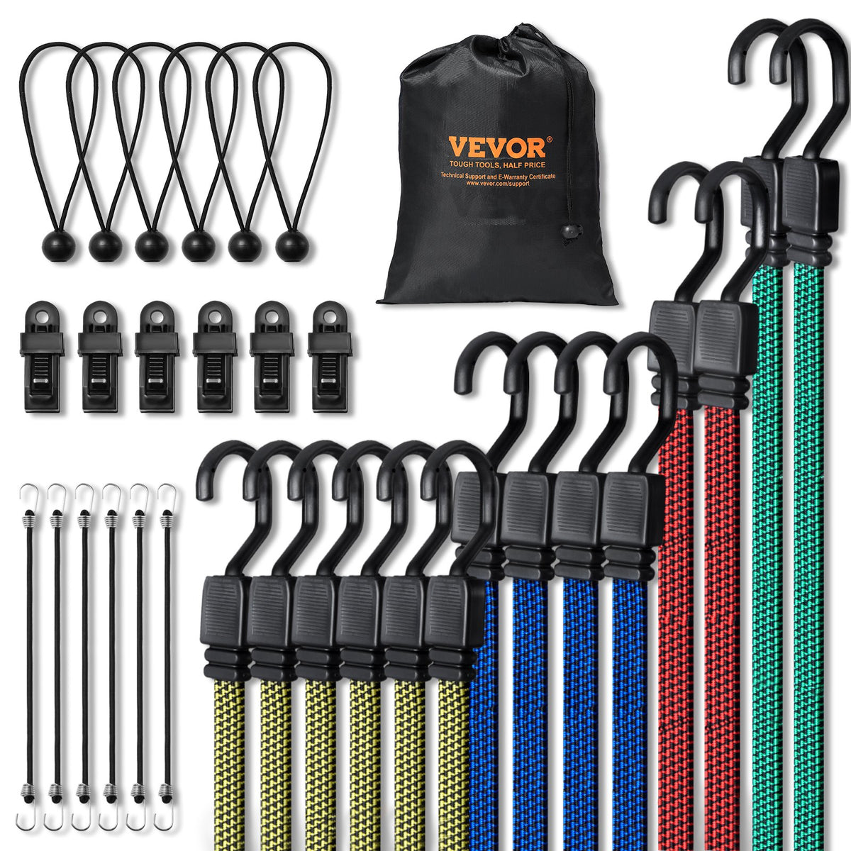 VEVOR 32 Piece Flat Bungee Cord Set, 17 mm Heavy Duty Bungee Straps with A3 Steel J-Hooks, Includes 10", 18", 24", 32", 40", Bungee Rope with Portable Storage Bag, 6 Clips & Canopy Ties - DLKZDW28PCSBP62SQV0 - view 1