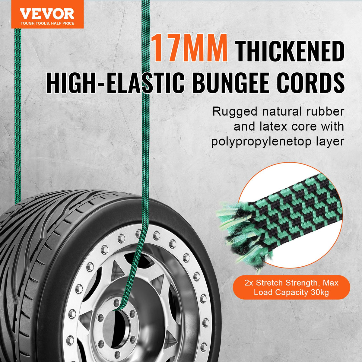 VEVOR 32 Piece Flat Bungee Cord Set, 17 mm Heavy Duty Bungee Straps with A3 Steel J-Hooks, Includes 10", 18", 24", 32", 40", Bungee Rope with Portable Storage Bag, 6 Clips & Canopy Ties - DLKZDW28PCSBP62SQV0 - view 3