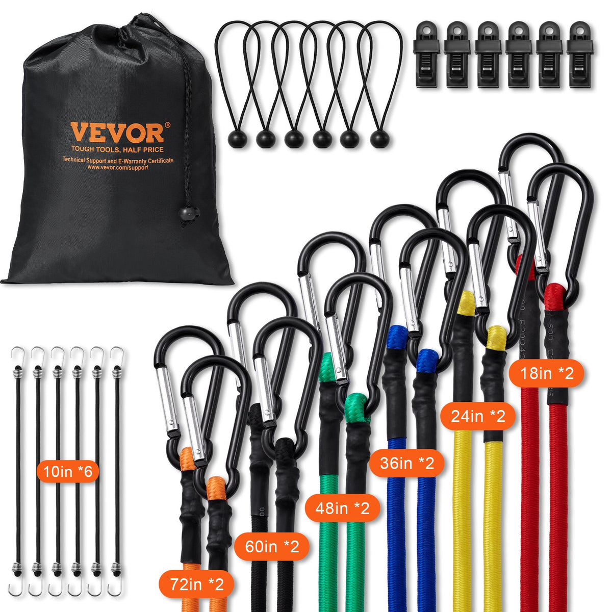 VEVOR 30 Piece Bungee Cords Assortment, 8 mm Heavy Duty Bungee Straps with A3 Steel Carabiners, Includes 10", 18", 24", 36", 48", 60", 72", Portable Storage Bag, 6 Clips & Canopy Ties - DLKZDW30PCSYGXAYRV0 - view 1