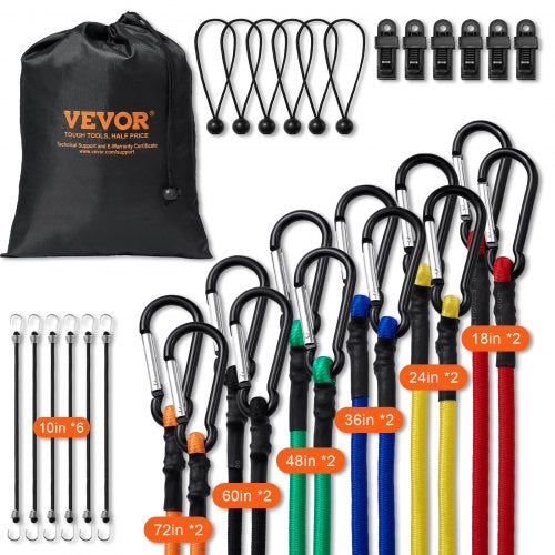 VEVOR 30 Piece Bungee Cords Assortment, 8 mm Heavy Duty Bungee Straps with A3 Steel Carabiners, Includes 10", 18", 24", 36", 48", 60", 72", Portable Storage Bag, 6 Clips & Canopy Ties - DLKZDW30PCSYGXAYRV0 - view 2
