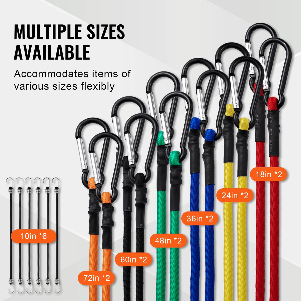 VEVOR 30 Piece Bungee Cords Assortment, 8 mm Heavy Duty Bungee Straps with A3 Steel Carabiners, Includes 10", 18", 24", 36", 48", 60", 72", Portable Storage Bag, 6 Clips & Canopy Ties - DLKZDW30PCSYGXAYRV0 - view 7