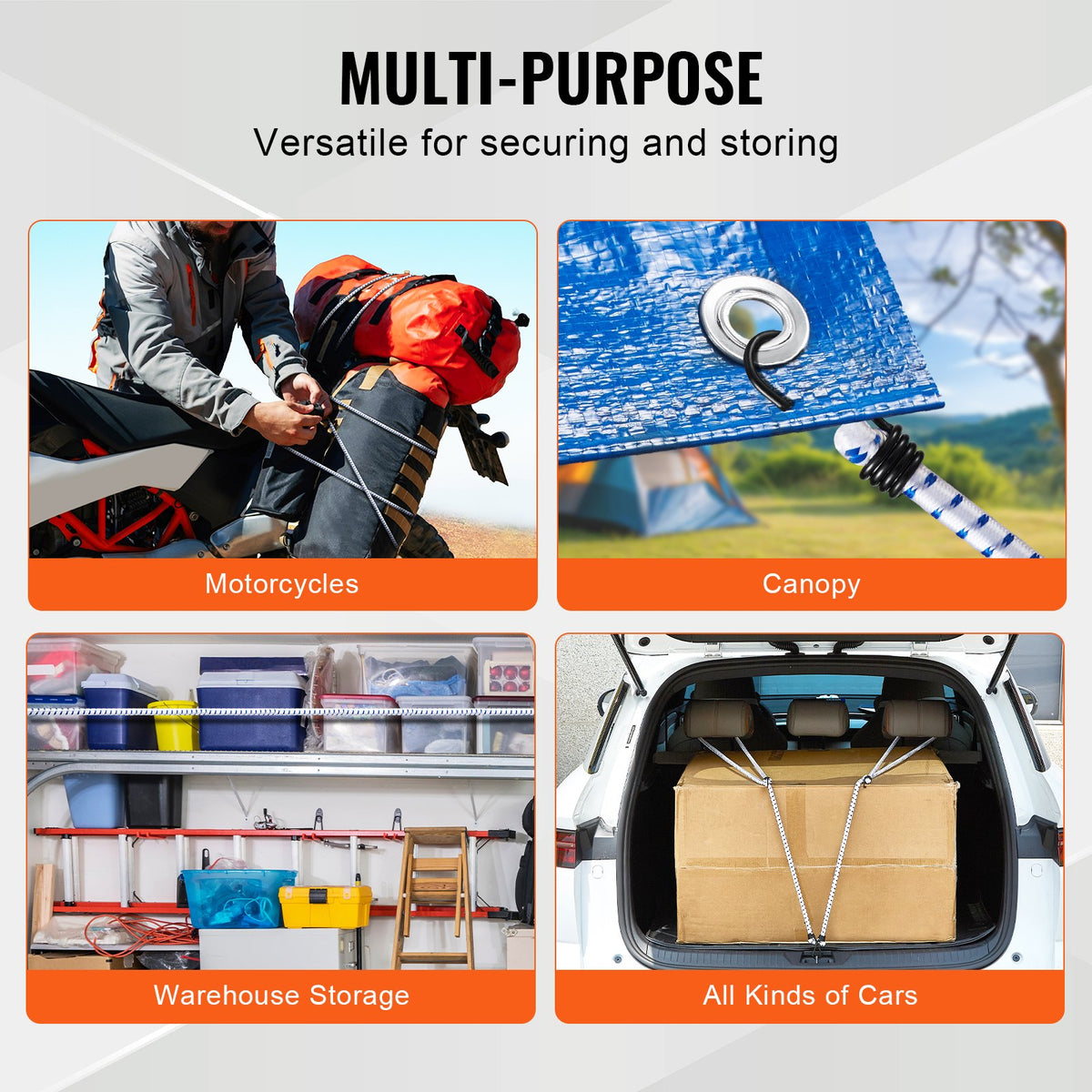VEVOR 6 Piece Bungee Cords with A3 Steel Hooks, 72 Inch Heavy Duty Bungee Straps, 12 mm Elastic Bungee Ropes Set for Camping, Tarps, Motorcycle, Truck and Tent, White with Blue Stripes - DLKZDYXDGDGGU5P3EV0 - view 5