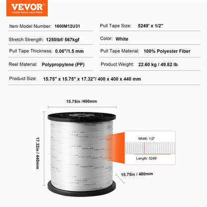 VEVOR Durable Polyester Pull Cord, Width 0.5" & Length 5249ft, Max Load 1250 lbf, Perfect for Organizing Cables, Packaging, Garden Work & Electrical Jobs - DLLDB1600M12U3163V0 - view 8