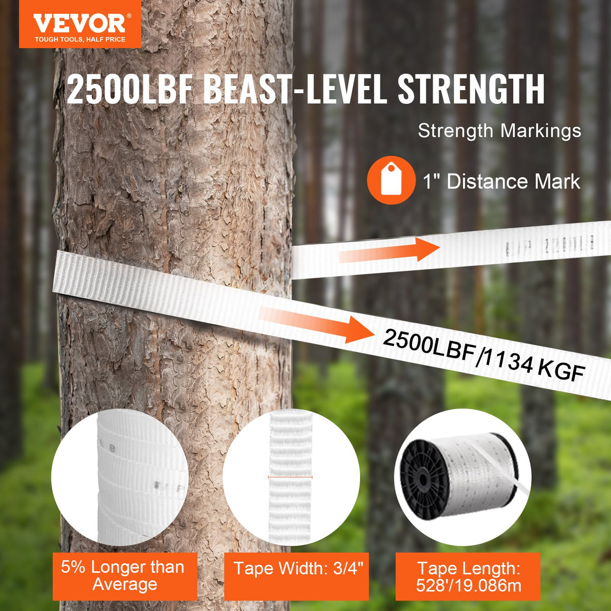 VEVOR Polyester Pull Tape, 3/4" x 528' Mule Tape Flat Rope, 2500 lbf Tensile Capacity, Printed Webbing Cable Pulling Tape for Packaging, Gardening, Commercial Electrical, Conduit Work, White - DLLDB161M19MP9PPZV0 - view 3