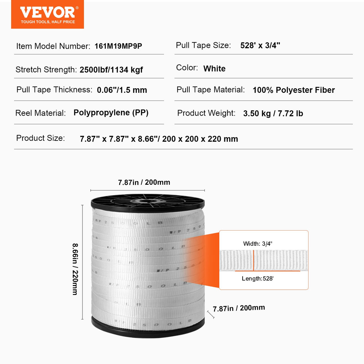VEVOR Polyester Pull Tape, 3/4" x 528' Mule Tape Flat Rope, 2500 lbf Tensile Capacity, Printed Webbing Cable Pulling Tape for Packaging, Gardening, Commercial Electrical, Conduit Work, White - DLLDB161M19MP9PPZV0 - view 8