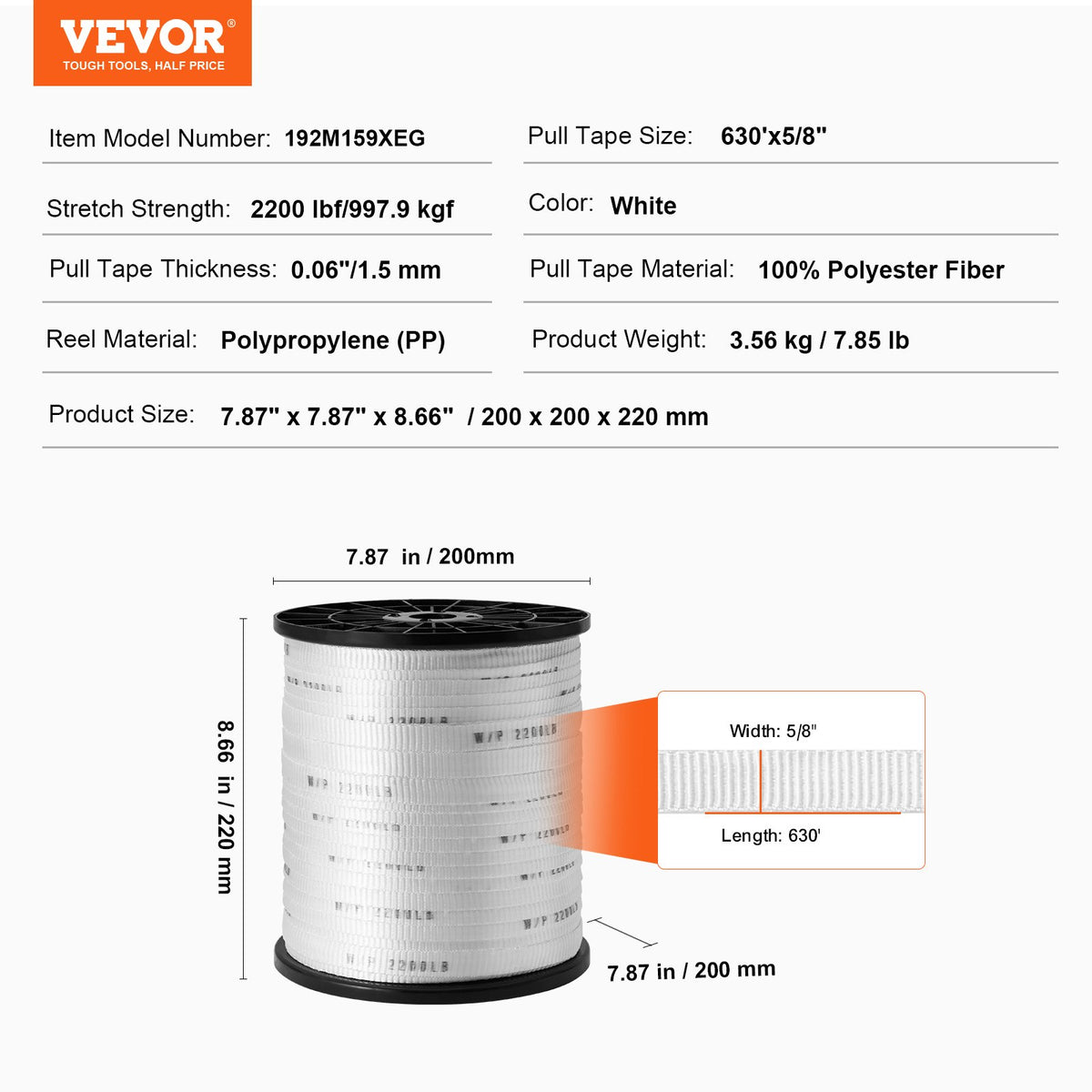 VEVOR Polyester Pull Tape, 5/8" x 630' Mule Tape Flat Rope, 2200 lbf Tensile Capacity, Printed Webbing Cable Pulling Tape for Packaging, Gardening, Commercial Electrical, Conduit Work, Whit - DLLDB192M159XEG3CV0 - view 8