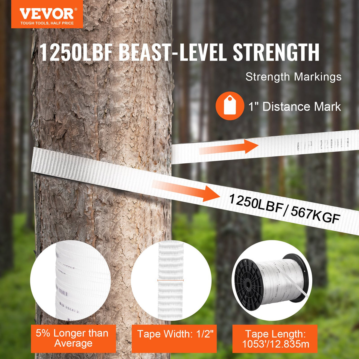 VEVOR Polyester Pull Tape, 1/2" x 1053' Mule Tape Flat Rope, 1250 lbf Tensile Capacity, Printed Webbing Cable Pulling Tape for Packaging, Gardening, Commercial Electrical, Conduit Work, White - DLLDB321M127PUYG6V0 - view 3