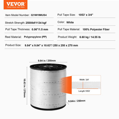 VEVOR Polyester Pull Tape, 3/4" x 1053' Mule Tape Flat Rope, 2500 lbf Tensile Capacity, Printed Webbing Cable Pulling Tape for Packaging, Gardening, Commercial Electrical, Conduit Work, White - DLLDB321M19MUS4A4V0 - view 8