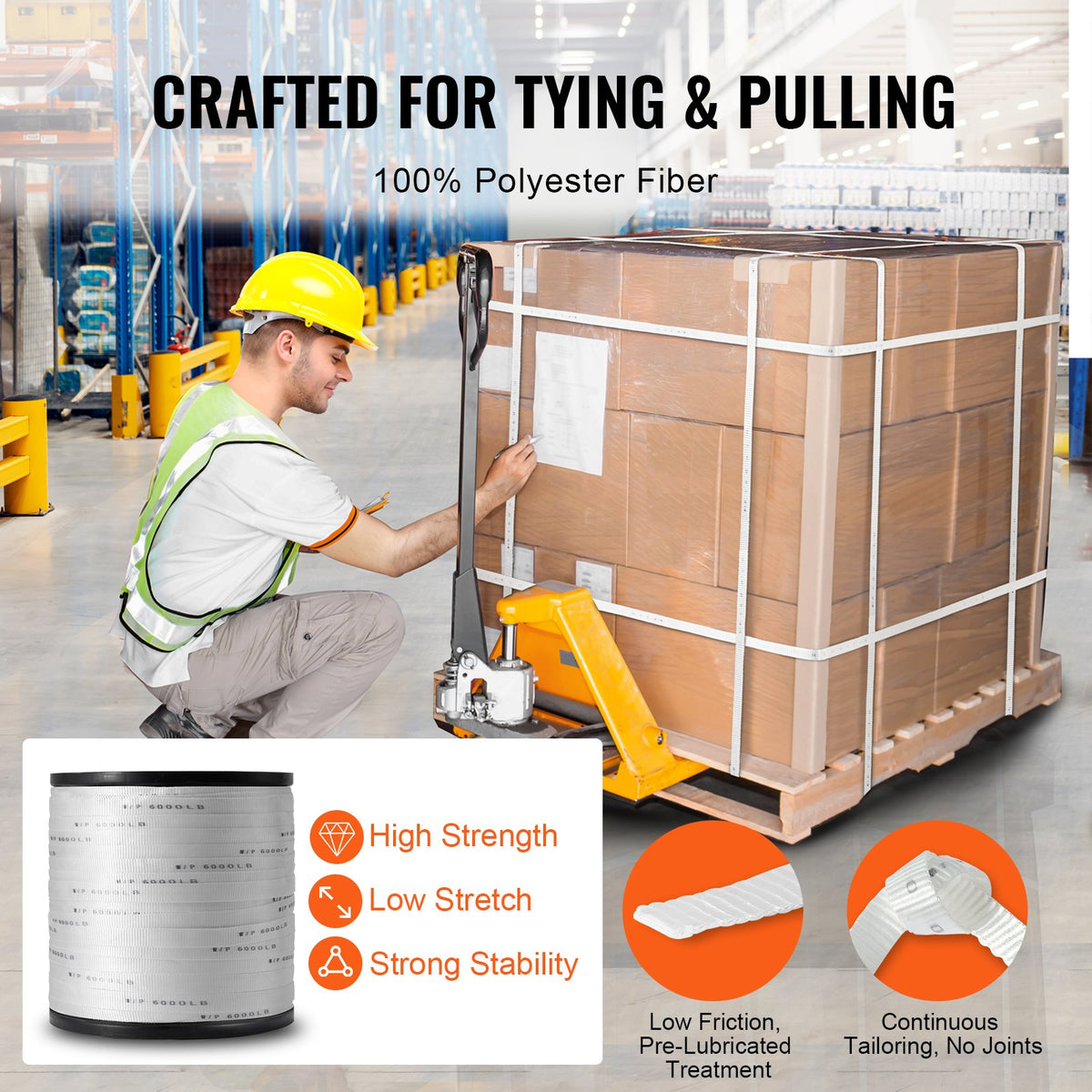 VEVOR Polyester Pull Tape, 1" x 2103' Mule Tape Flat Rope, 6000 lbf Tensile Capacity, Printed Webbing Cable Pulling Tape for Packaging, Gardening, Commercial Electrical, Conduit Work, White - DLLDB641M2546WOU0V0 - view 4