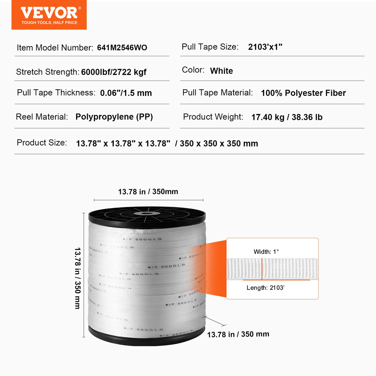 VEVOR Polyester Pull Tape, 1" x 2103' Mule Tape Flat Rope, 6000 lbf Tensile Capacity, Printed Webbing Cable Pulling Tape for Packaging, Gardening, Commercial Electrical, Conduit Work, White - DLLDB641M2546WOU0V0 - view 8