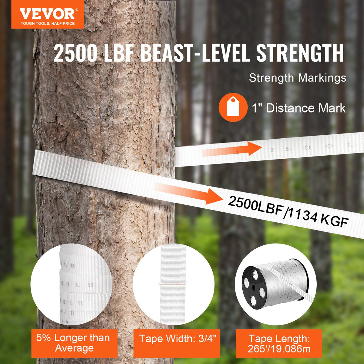 VEVOR Polyester Pull Tape, 3/4" x 265' Mule Tape Flat Rope, 2500 lbf Tensile Capacity, Printed Webbing Cable Pulling Tape for Packaging, Gardening, Commercial Electrical, Conduit Work, White - DLLDB97M19MM6991WV0 - view 3