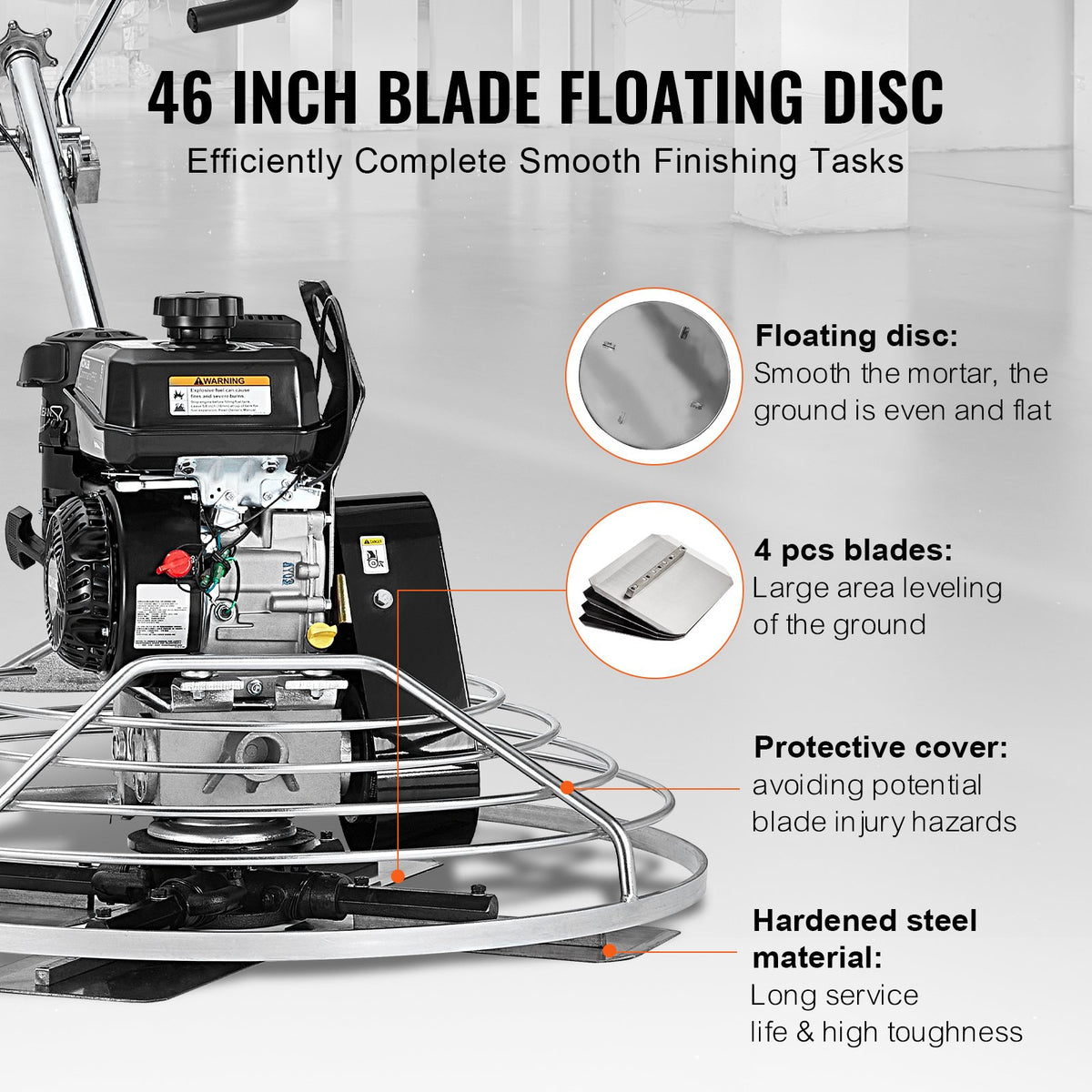 VEVOR Power Trowel, 46” Walk-Behind Cement Trowel with Float Pan, 14HP Gas-Powered Smooth Concrete Surface Finisher, Heavy Duty Commercial Screed Concrete Cement with Finishing Blade, Orange - DLMDJS46INCH8WP46V0 - view 4