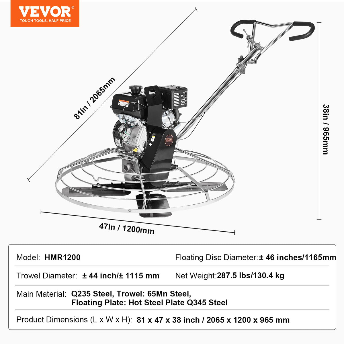 VEVOR Power Trowel, 46” Walk-Behind Cement Trowel with Float Pan, 14HP Gas-Powered Smooth Concrete Surface Finisher, Heavy Duty Commercial Screed Concrete Cement with Finishing Blade, Orange - DLMDJS46INCH8WP46V0 - view 8