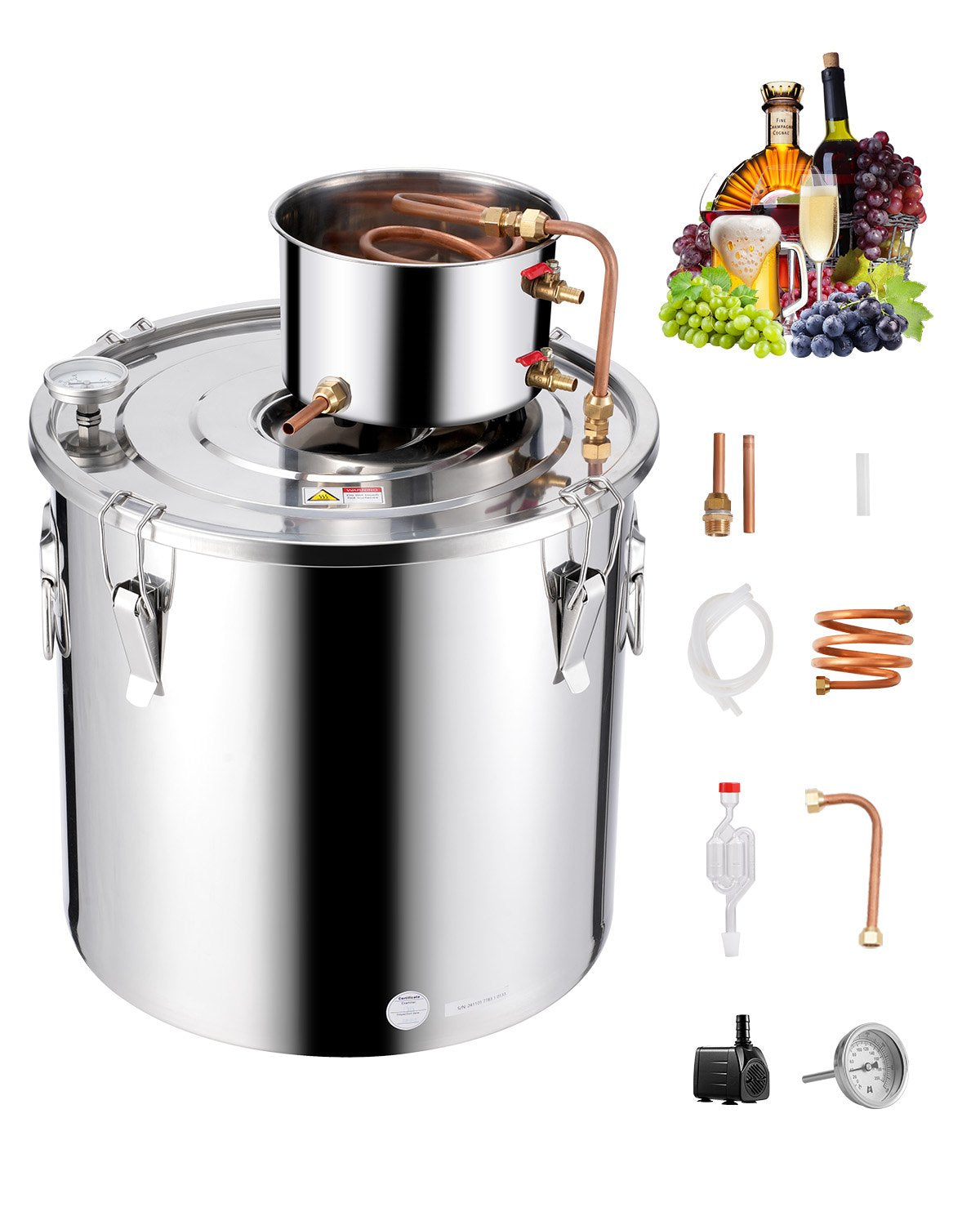 VEVOR Alcohol Still, 13.2 Gal / 50 L Stainless Steel Water Alcohol Distiller with Copper Coil, Home Brewing Refining Fermentation Kit with Thermometer & Pump, for Wine Whisky Brandy, Silver - DLNTZLQYS1327T38UV1 - view 1
