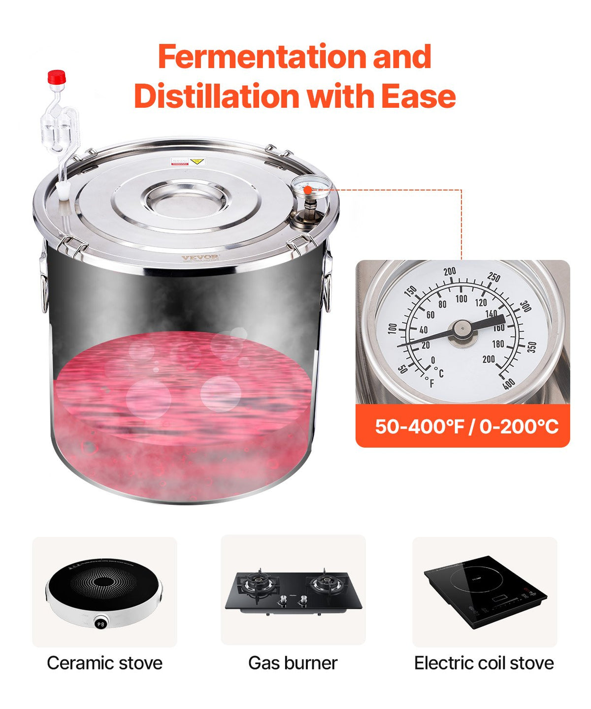 VEVOR Alcohol Still, 13.2 Gal / 50 L Stainless Steel Water Alcohol Distiller with Copper Coil, Home Brewing Refining Fermentation Kit with Thermometer & Pump, for Wine Whisky Brandy, Silver - DLNTZLQYS1327T38UV1 - view 4