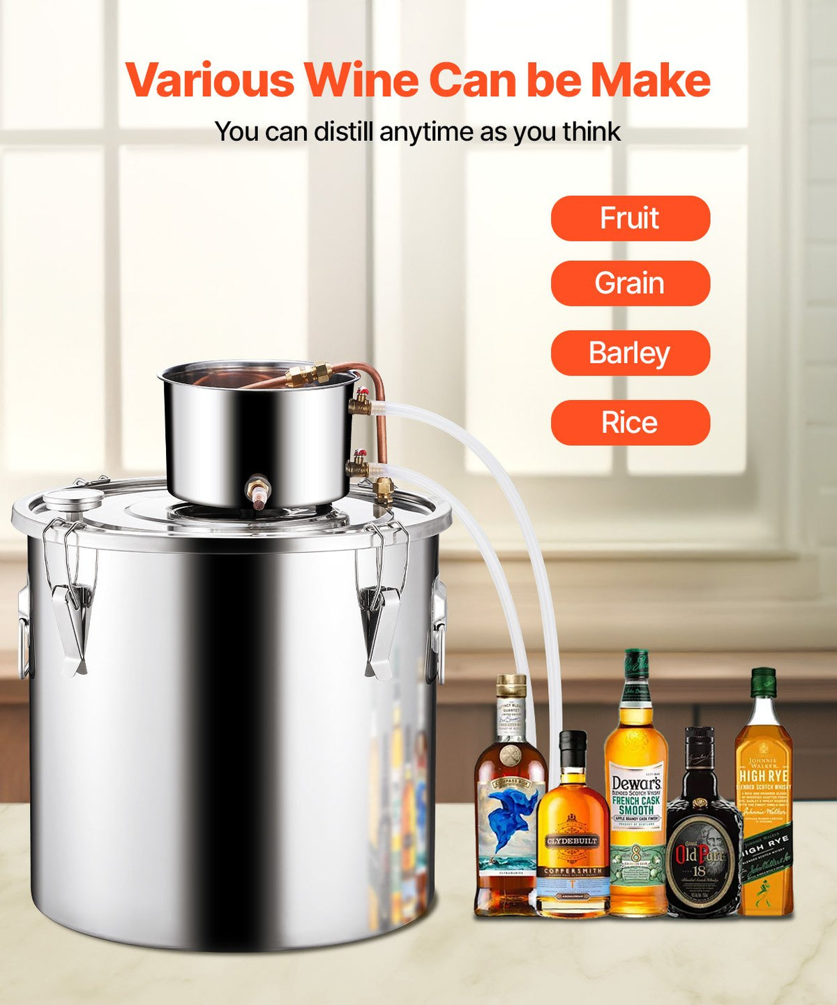 VEVOR Alcohol Still, 13.2 Gal / 50 L Stainless Steel Water Alcohol Distiller with Copper Coil, Home Brewing Refining Fermentation Kit with Thermometer & Pump, for Wine Whisky Brandy, Silver - DLNTZLQYS1327T38UV1 - view 5