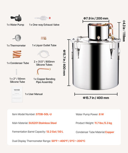 VEVOR Alcohol Still, 13.2 Gal / 50 L Stainless Steel Water Alcohol Distiller with Copper Coil, Home Brewing Refining Fermentation Kit with Thermometer & Pump, for Wine Whisky Brandy, Silver - DLNTZLQYS1327T38UV1 - view 8