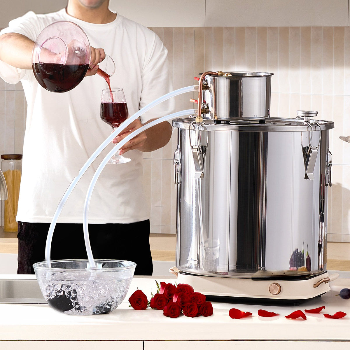 VEVOR Alcohol Still, 13.2 Gal / 50 L Stainless Steel Water Alcohol Distiller with Copper Coil, Home Brewing Refining Fermentation Kit with Thermometer & Pump, for Wine Whisky Brandy, Silver - DLNTZLQYS1327T38UV1 - view 9
